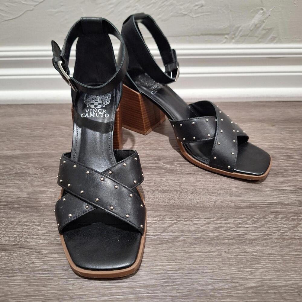 Vince Camuto Nilambie Studded Ankle Strap Sandals Black Chunky Heel 8M